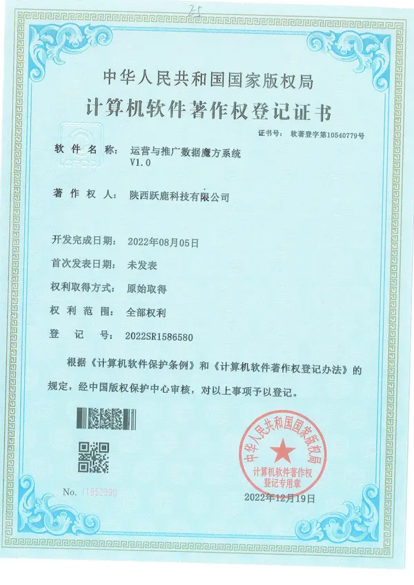 运营与推广数据魔方系统计算机软件著作权登记证书